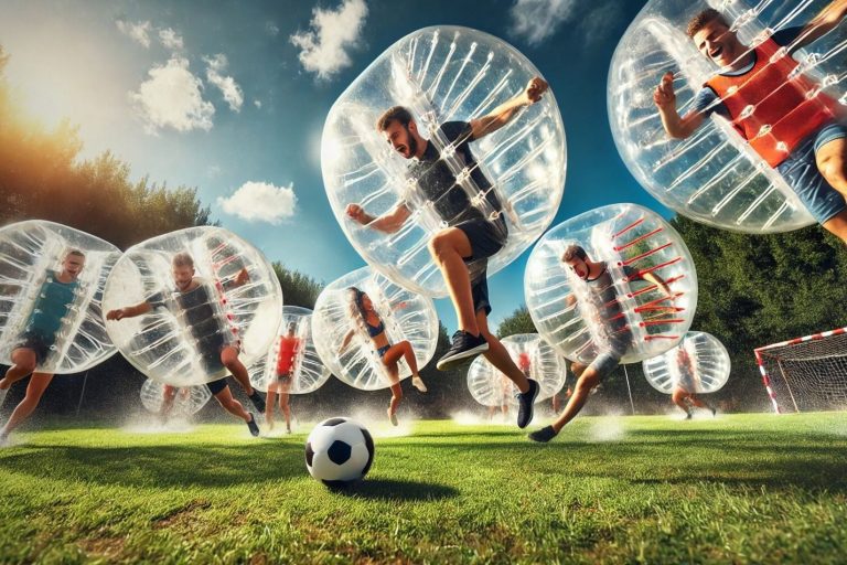 Gruppenspieler in aufblasbaren Bällen, die auf einem Fußballfeld aktiv sind.
