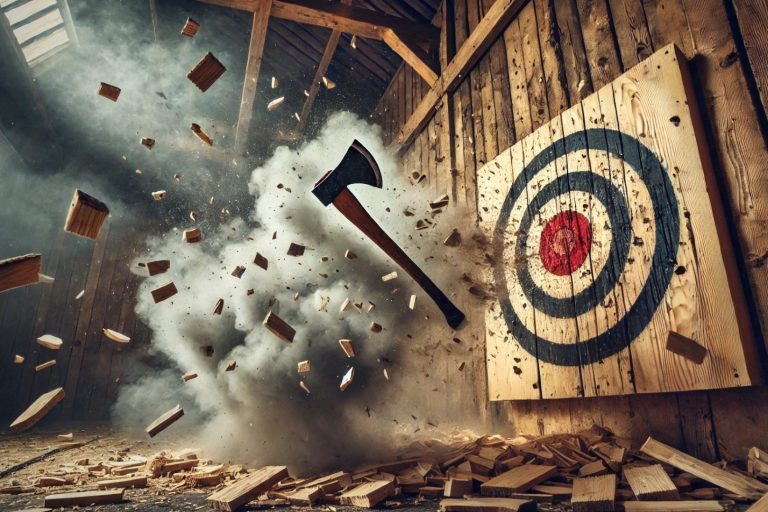 Axt fliegt auf ein Bullseye-Ziel in einer Scheune, Staub und Holzsplitter fliegen.