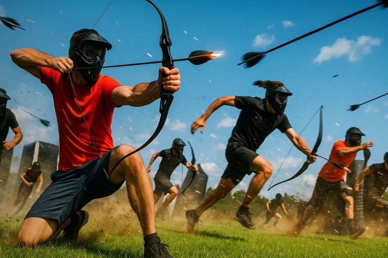 Gruppe von Personen mit Bogen und Masken, die in einer Wettkampfumgebung spielen.